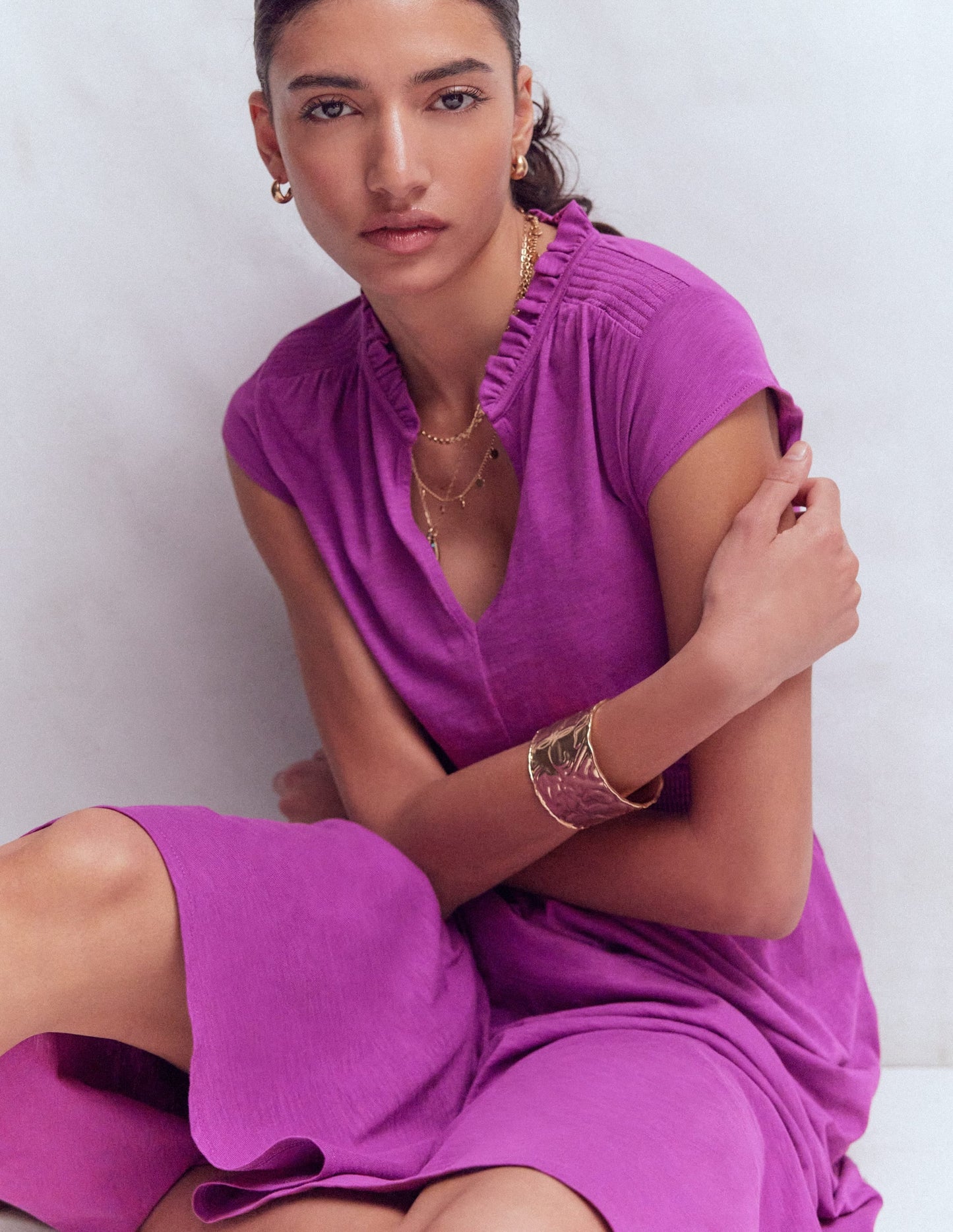 Alba Smocked Jersey Midi Dress-Damson