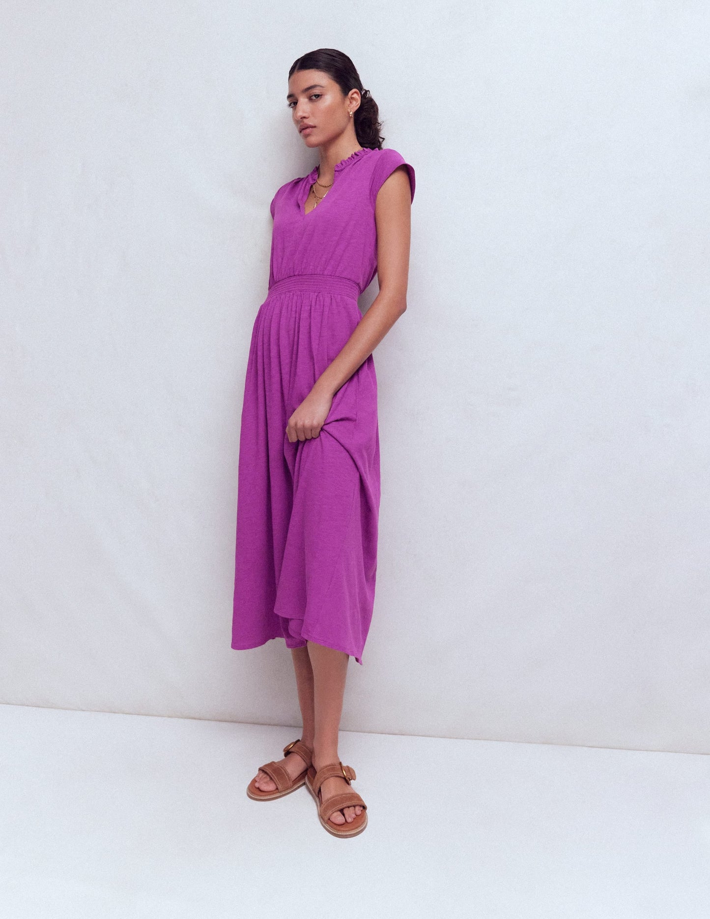 Alba Smocked Jersey Midi Dress-Damson