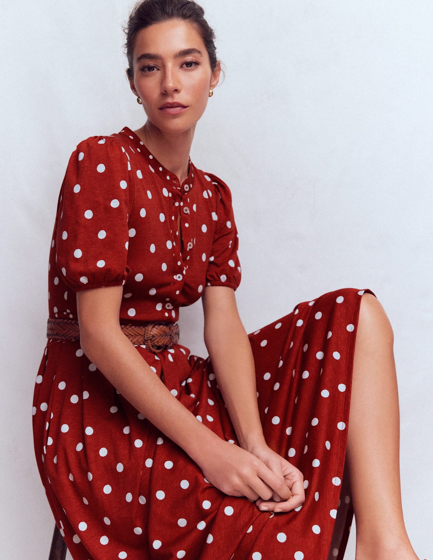 Amber Pleat Jersey Midi Dress-Burnt Orange, Painted Dot