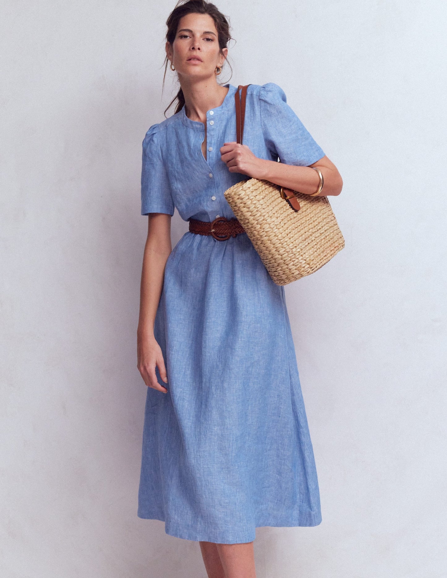 Ivy Button Linen Midi Dress-Summer Blue Chambray