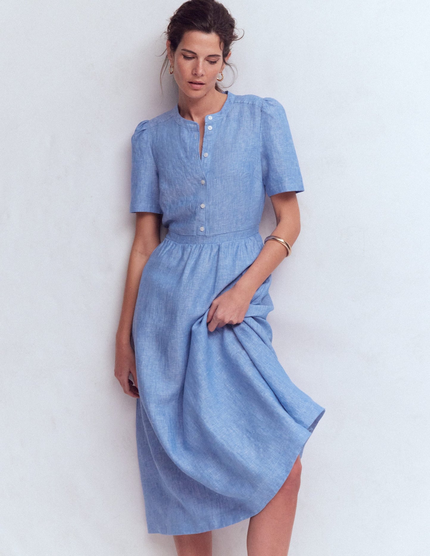 Ivy Button Linen Midi Dress-Summer Blue Chambray