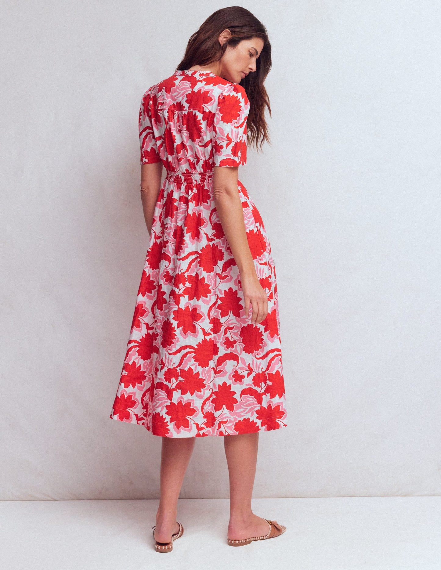 Ivy Button Linen Midi Dress-Red Shadow Blossom