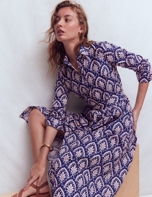Alexa Cotton Midi Shirt Dress-Navy Petal Terrace