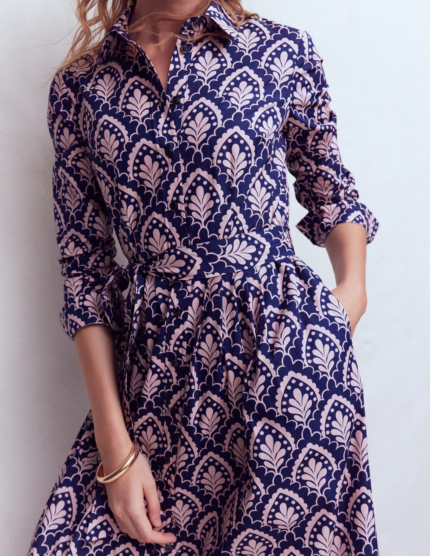Alexa Cotton Midi Shirt Dress-Navy Petal Terrace