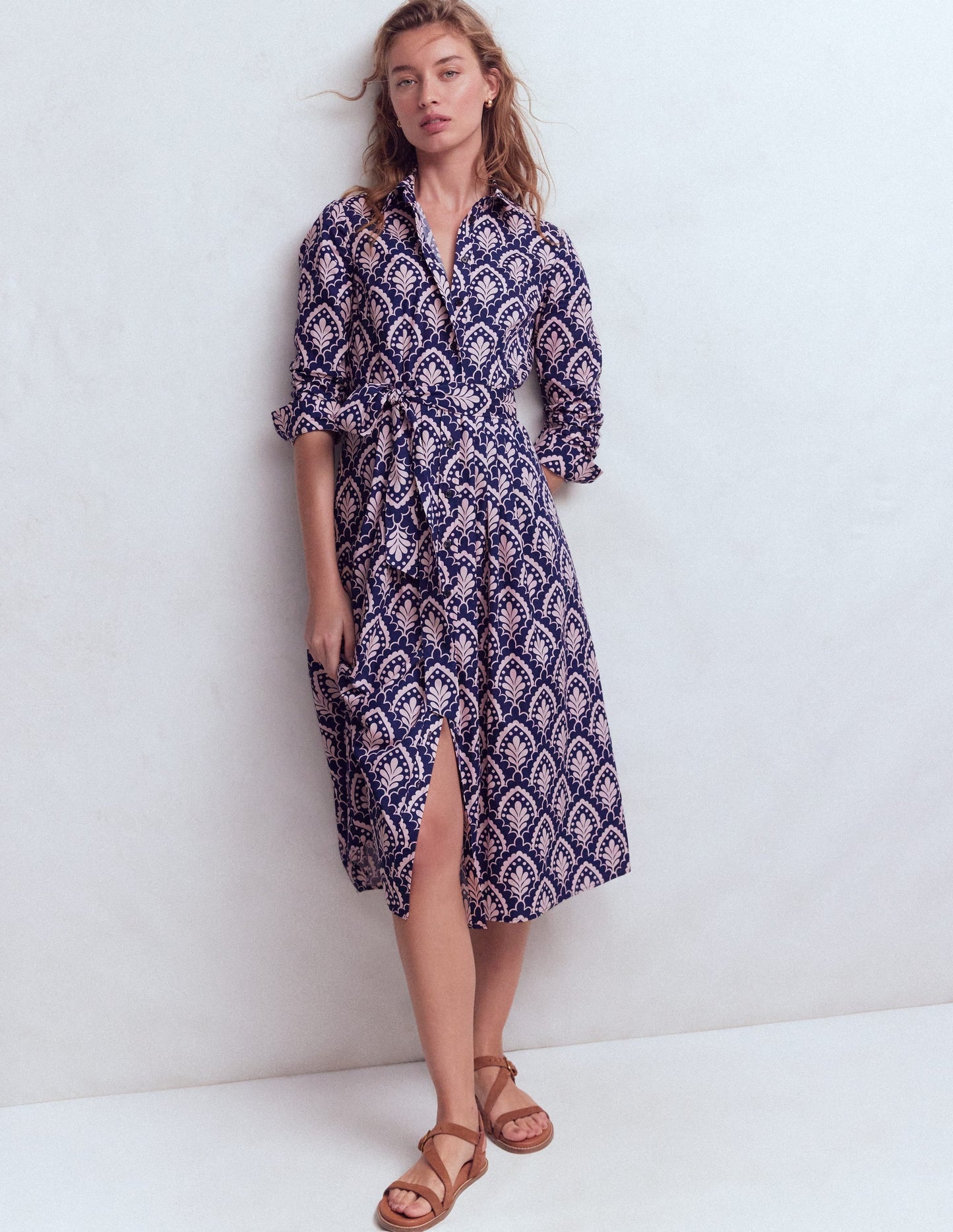 Alexa Cotton Midi Shirt Dress-Navy Petal Terrace