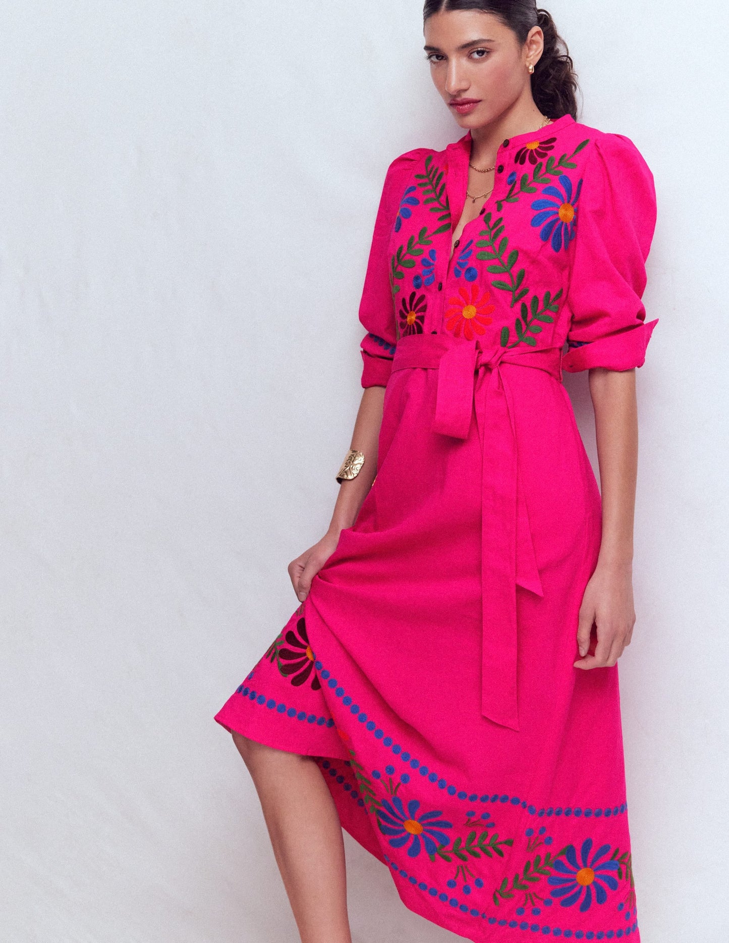 Ava Linen Blend Midi Dress-Multi Embroidery