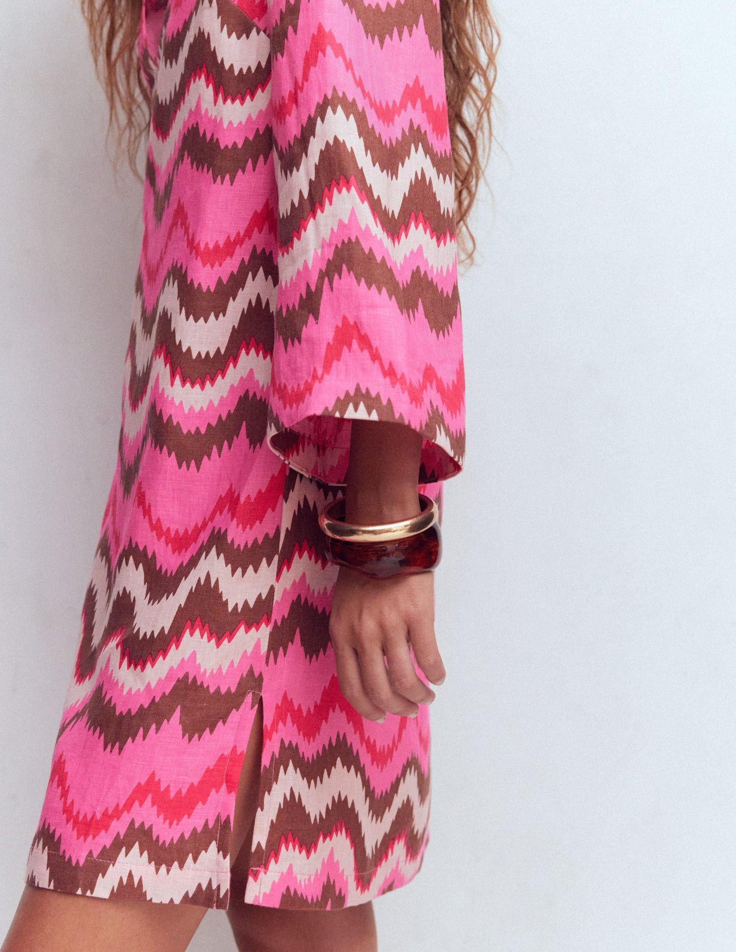 Carmen Linen Short Dress-Pink, Zig Zag Wave