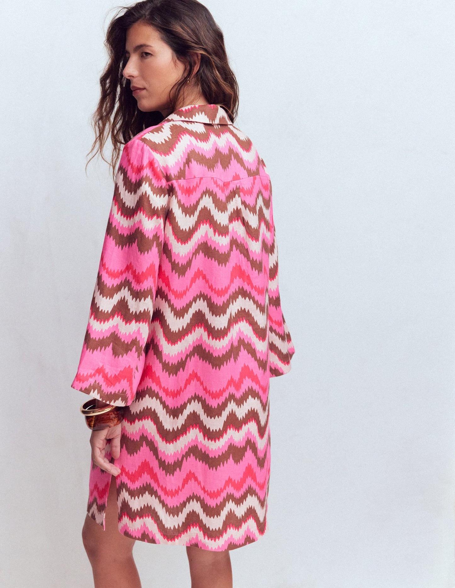 Carmen Linen Short Dress-Pink, Zig Zag Wave