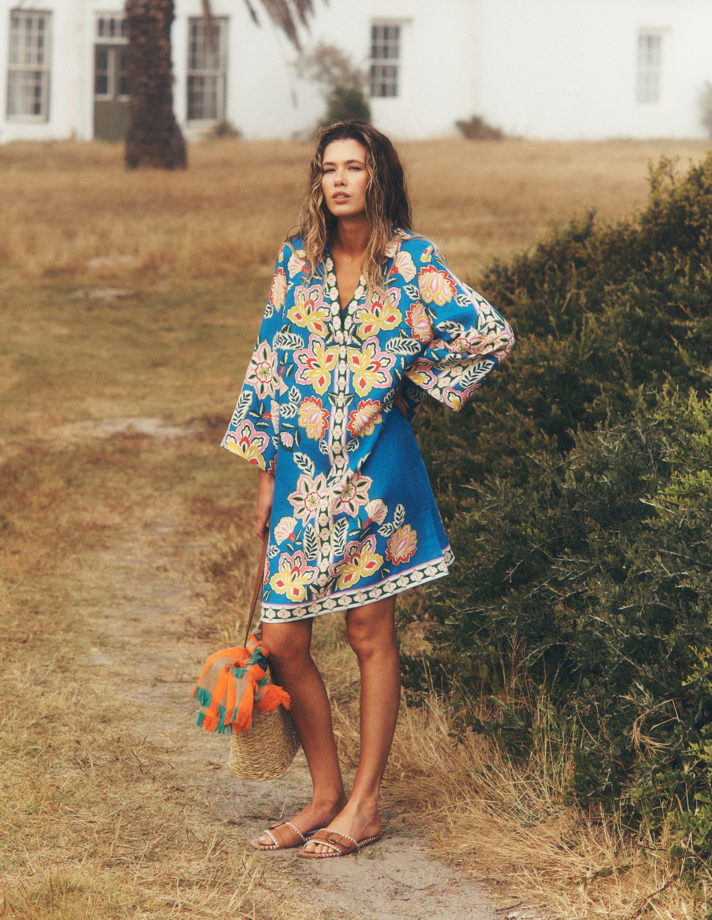 Carmen Linen Short Dress-Blue Blossom Elegance