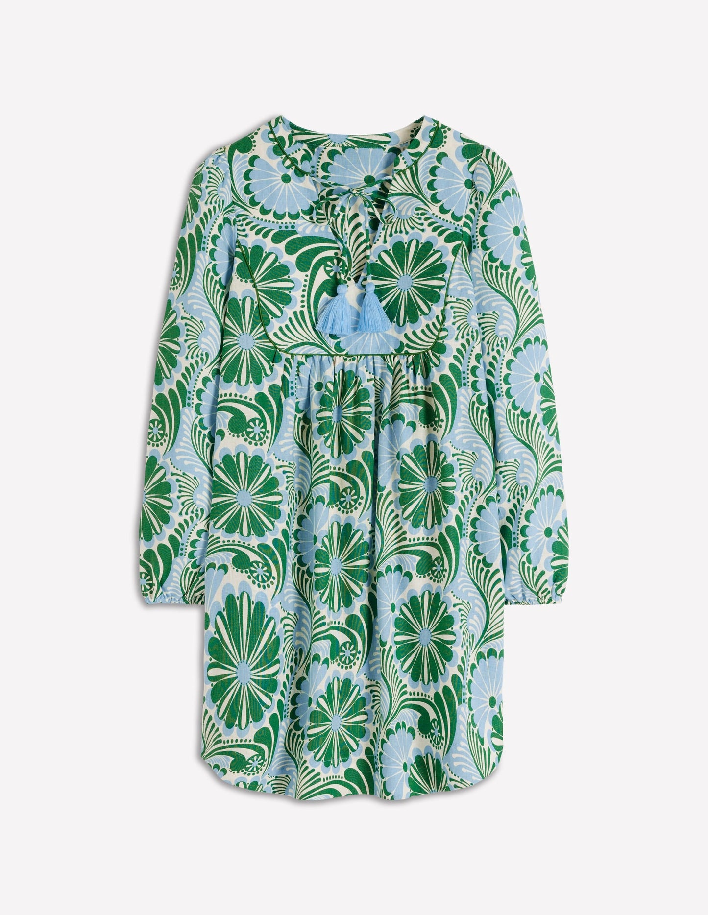 Pia Linen Yoke Tassel Dress-Blue Euphoric Garden