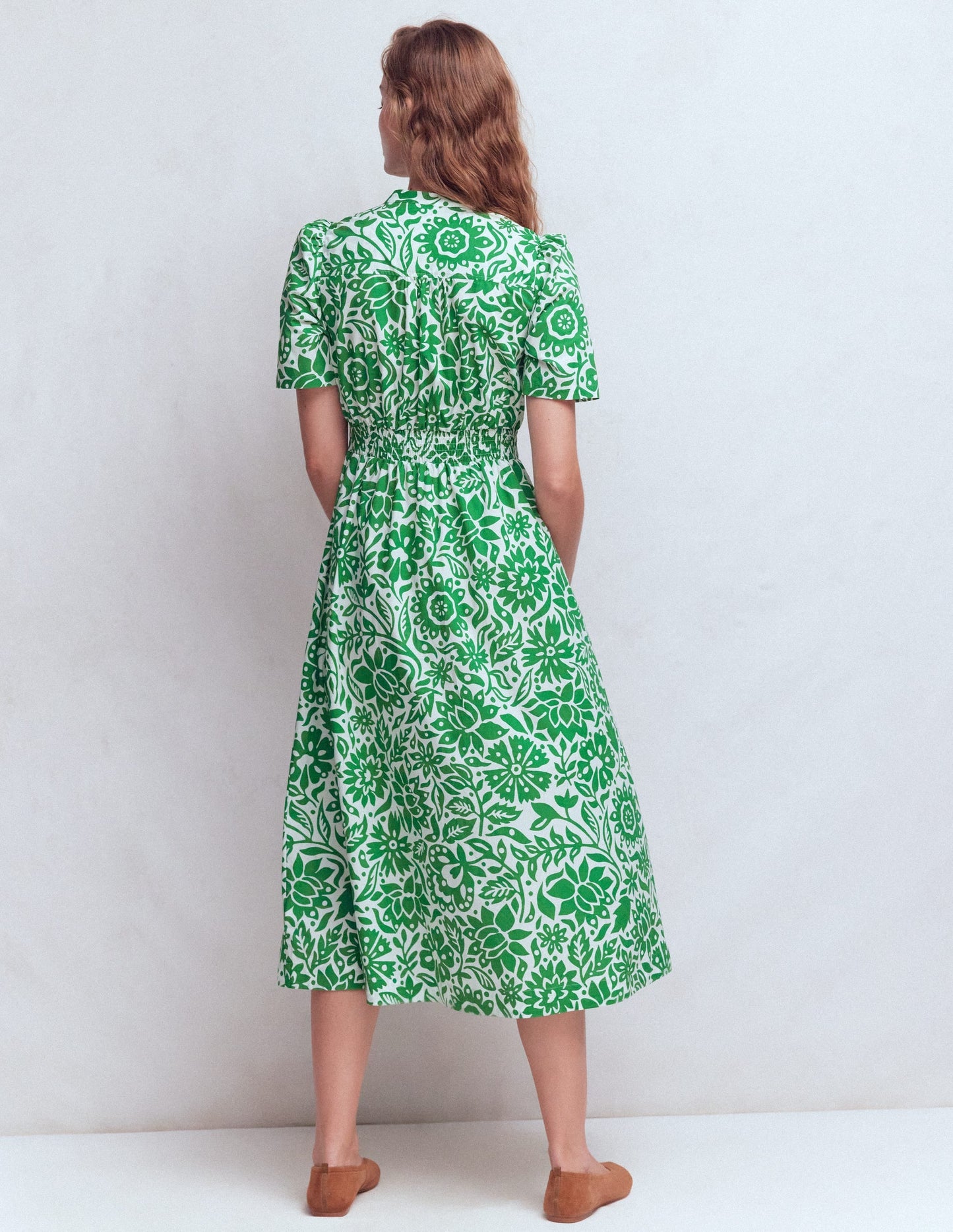Ivy Button Cotton Midi Dress-Verdant Green, Meadow Scatter