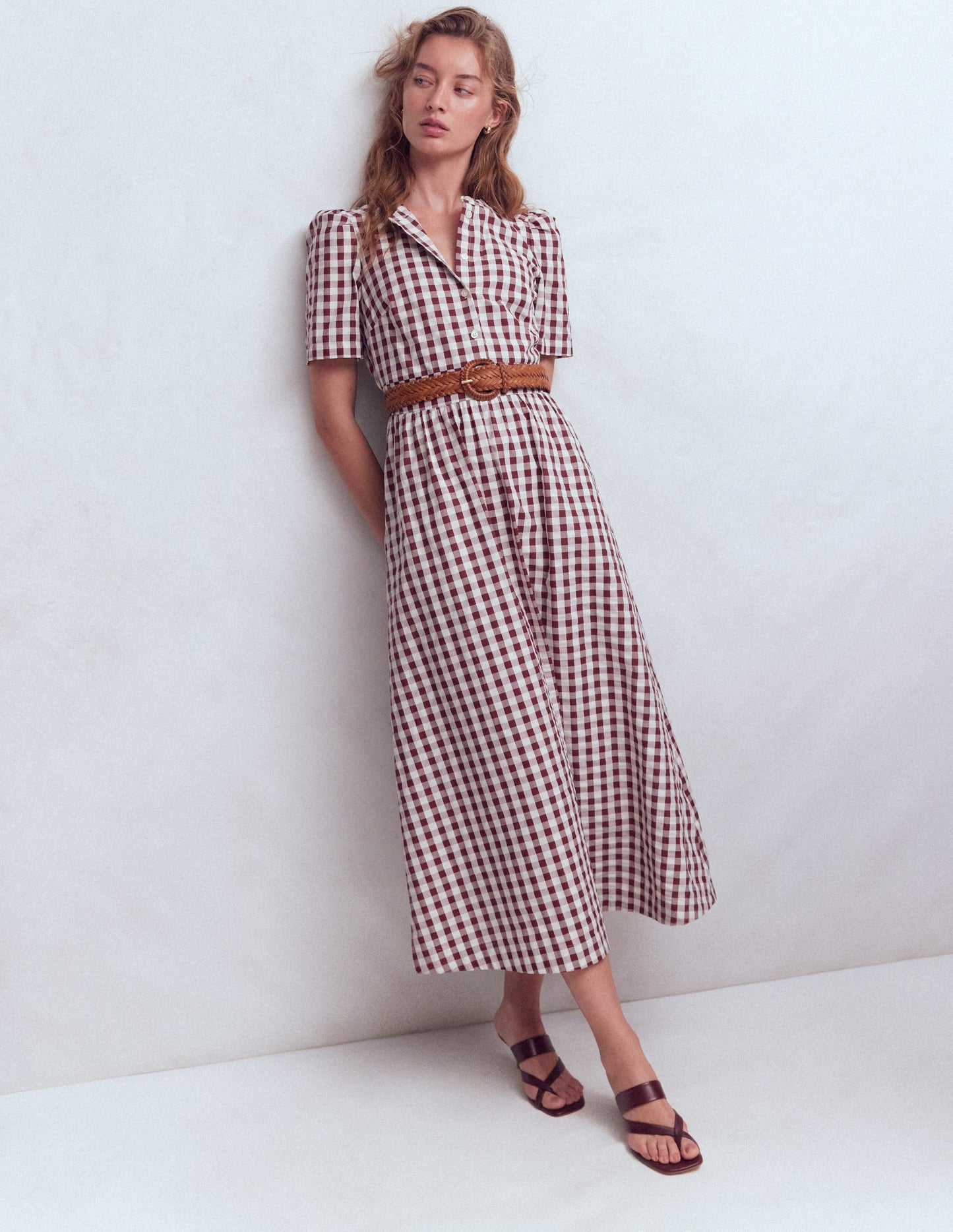Ivy Button Cotton Midi Dress-Gingham