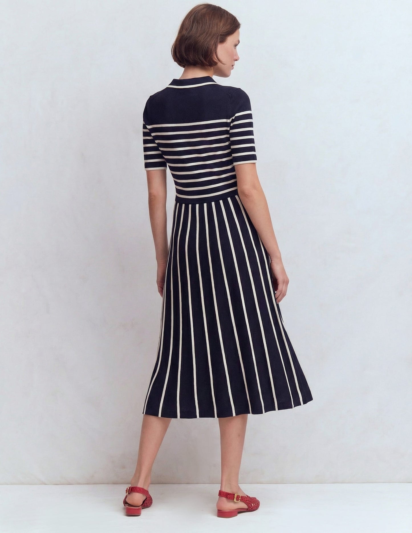 Collared Knitted Midi Dress-French Navy and Ivory Stripe