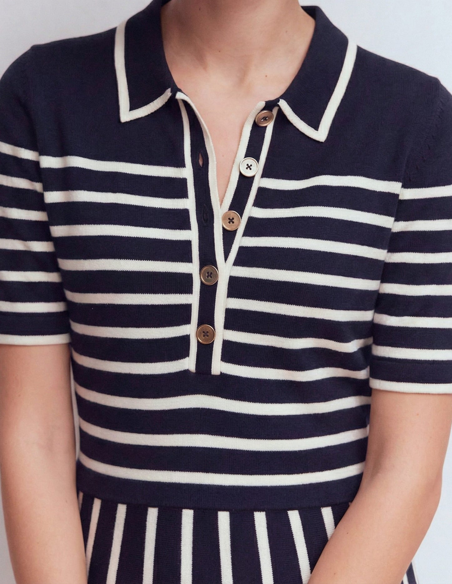 Collared Knitted Midi Dress-French Navy and Ivory Stripe