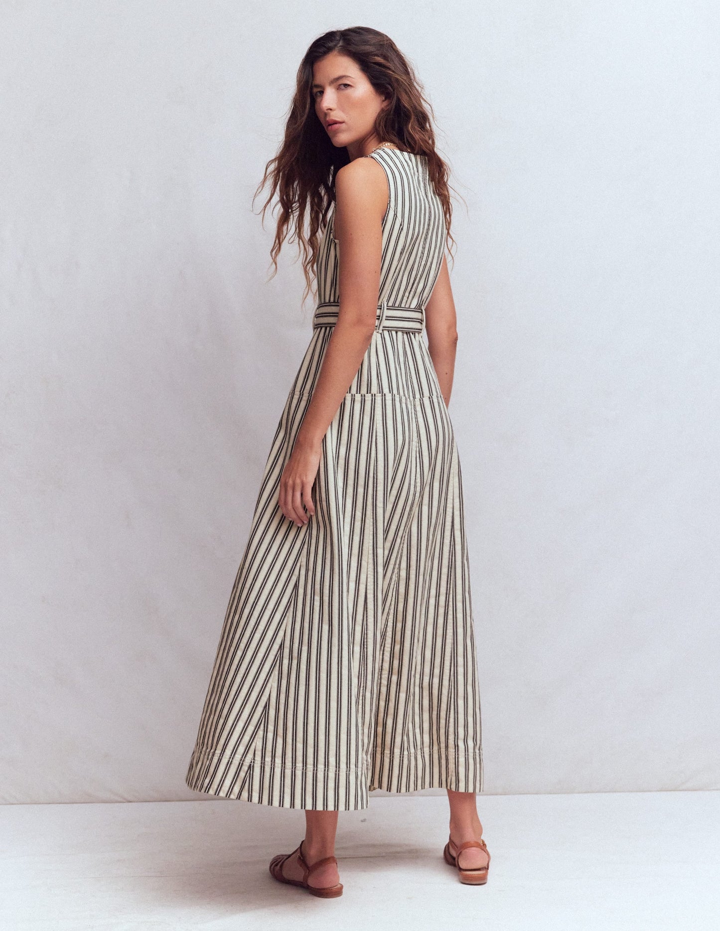 Sleeveless Zip Denim Dress-Ivory and Navy Stripe