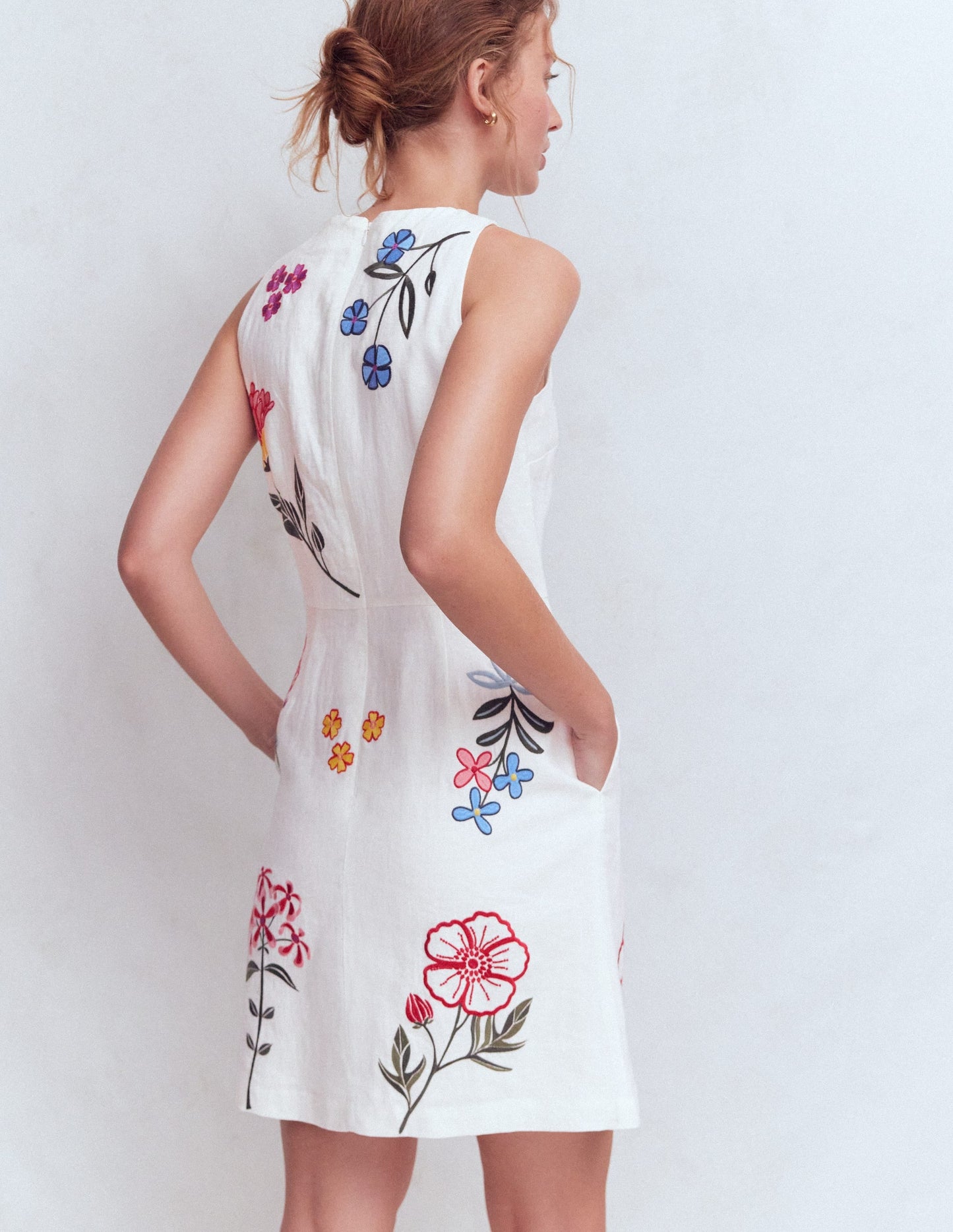 Occasion Short Linen Dress-White Embroidery