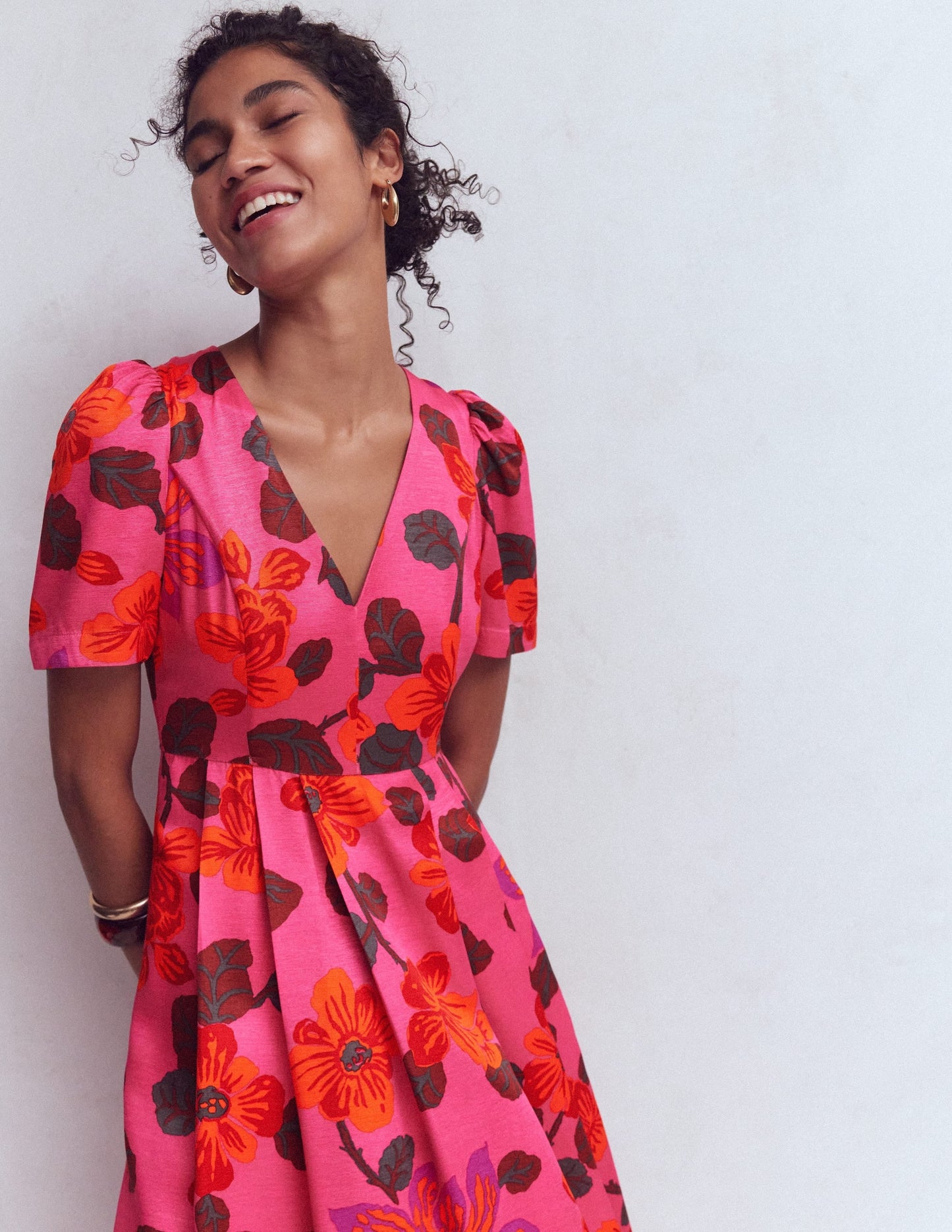 Pleat V-neck Dress-Pink, Elaborate Blossom