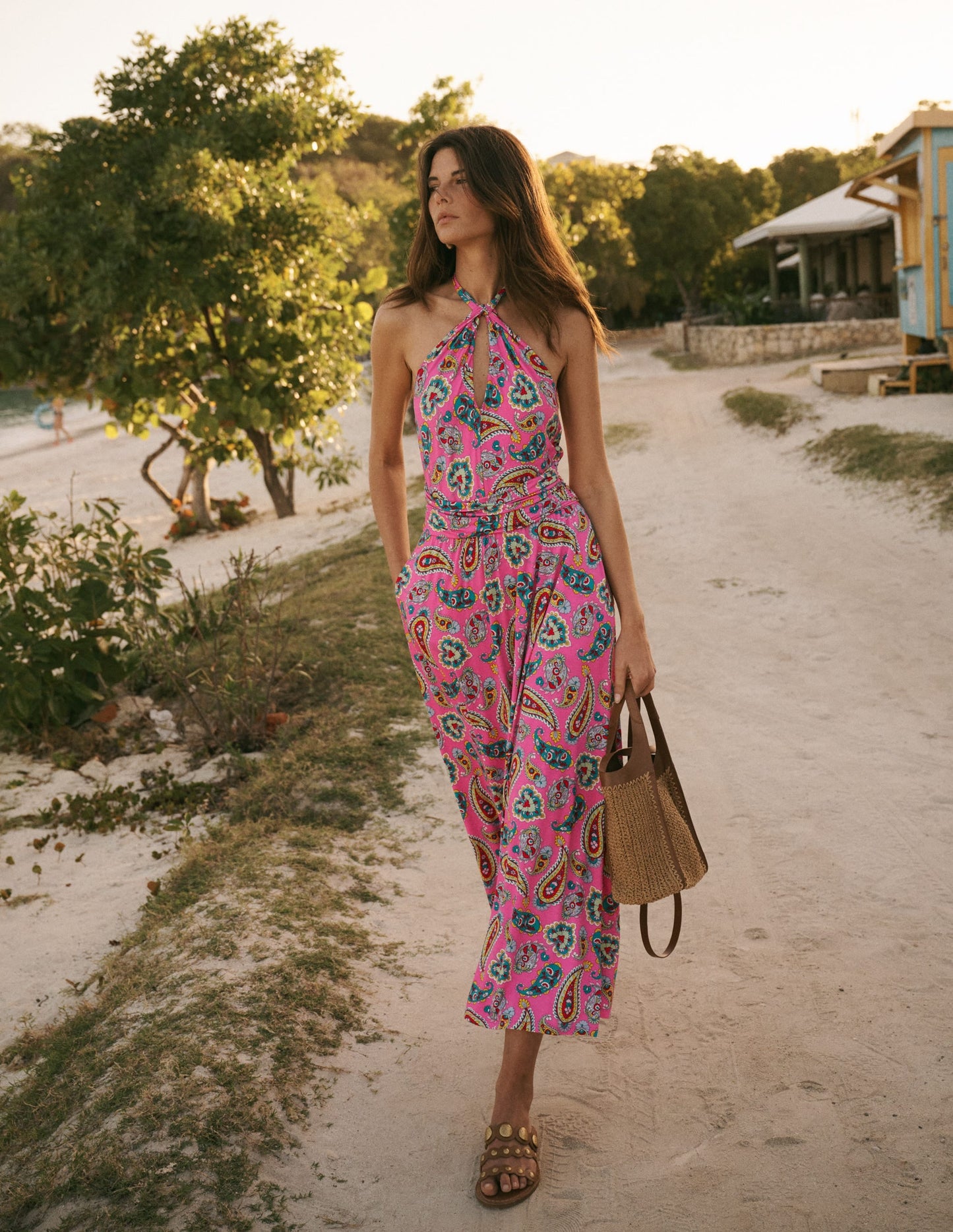 Sydney Twist Neck Jersey Dress-Brillant Pink, Radiant Paisley