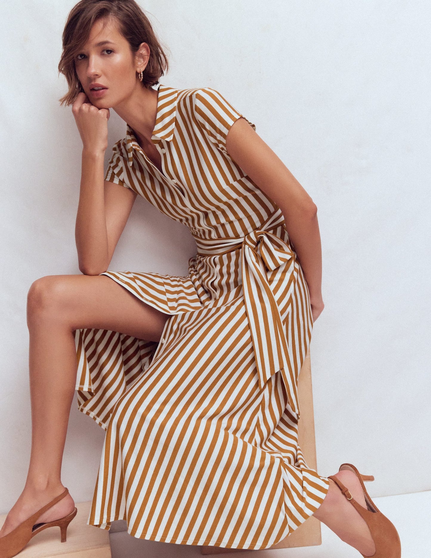Marcia Jersey Shirt Dress-Cognac and Ivory Stripe