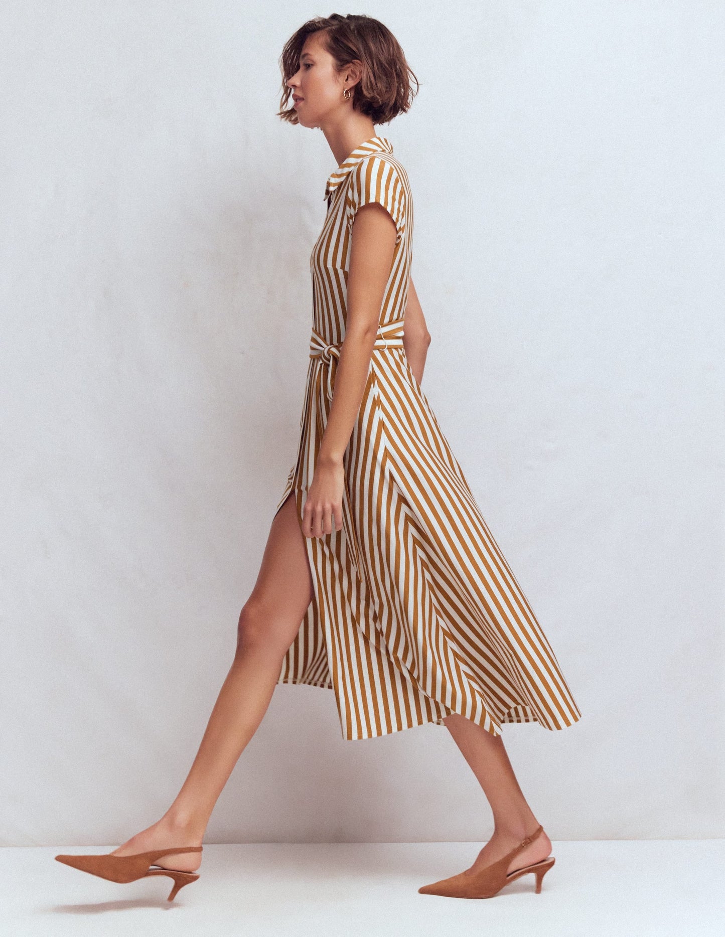 Marcia Jersey Shirt Dress-Cognac and Ivory Stripe
