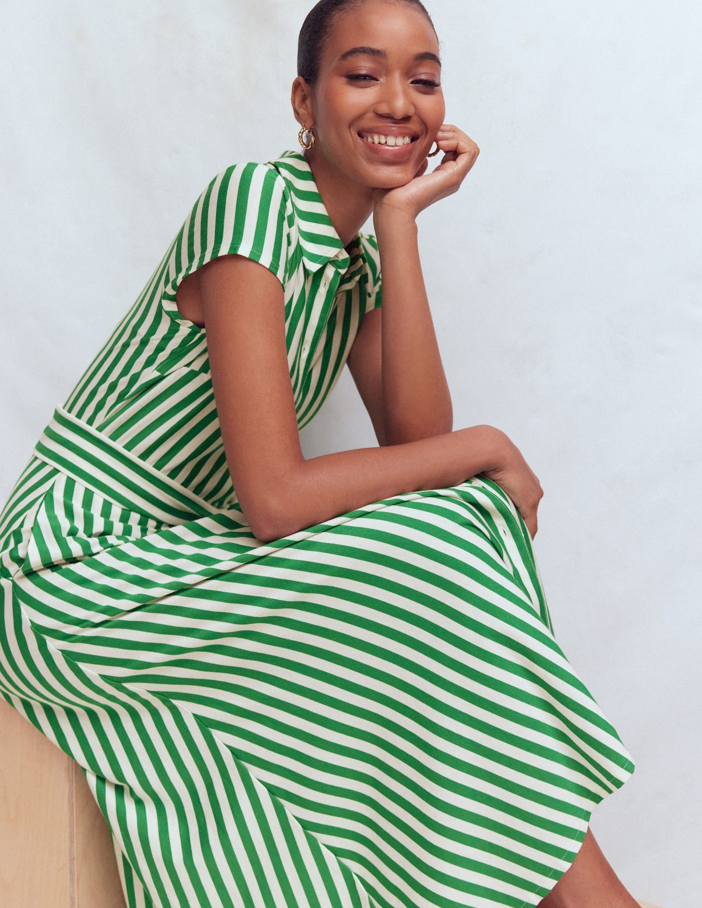 Marcia Jersey Shirt Dress-Green and Ivory Stripe