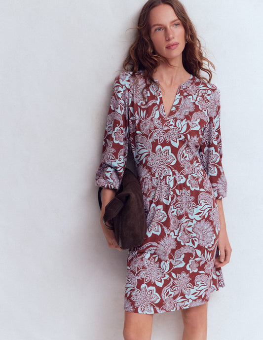 Cathy Notch Neck Jersey Dress-Roasted Brown, Elegant Blossom