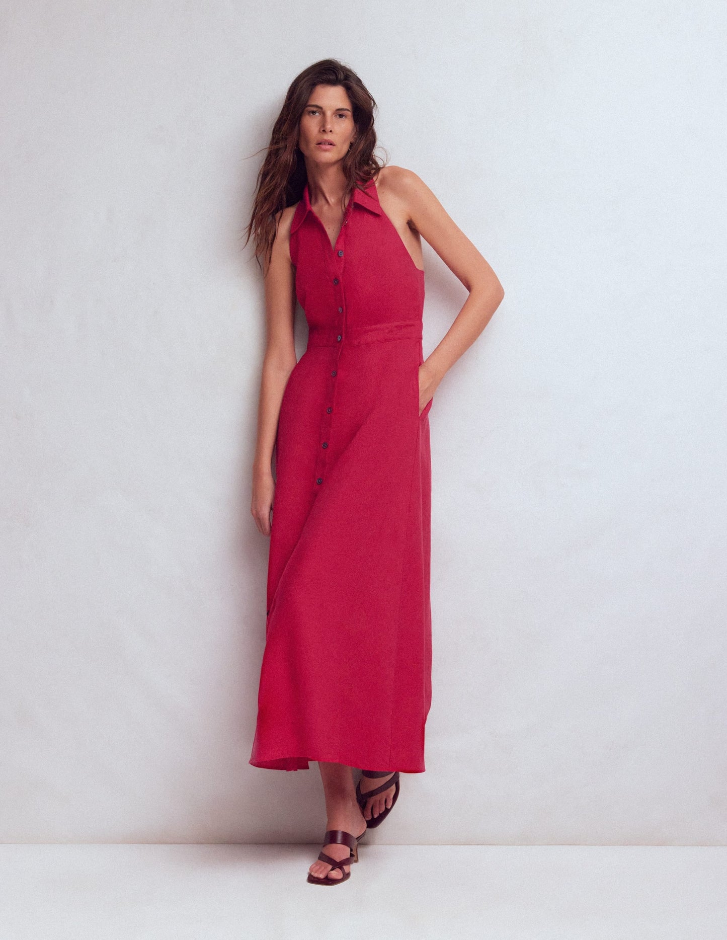 Halter Linen Blend Maxi Dress-Pomegranate