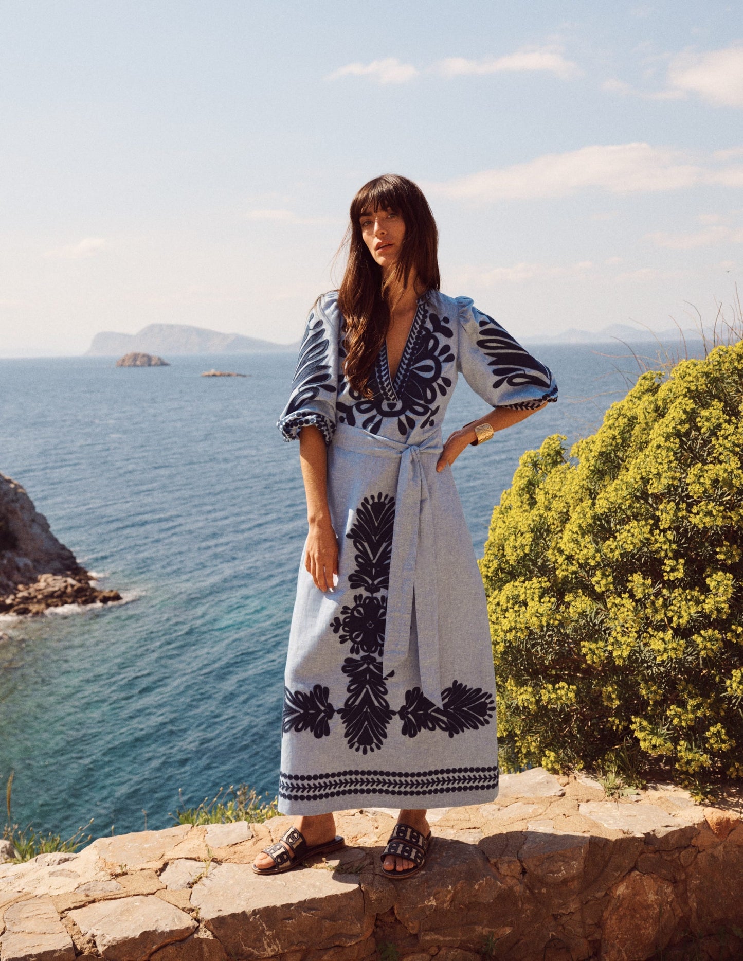 Octavia Linen Blend Dress-Embroidered Chambray
