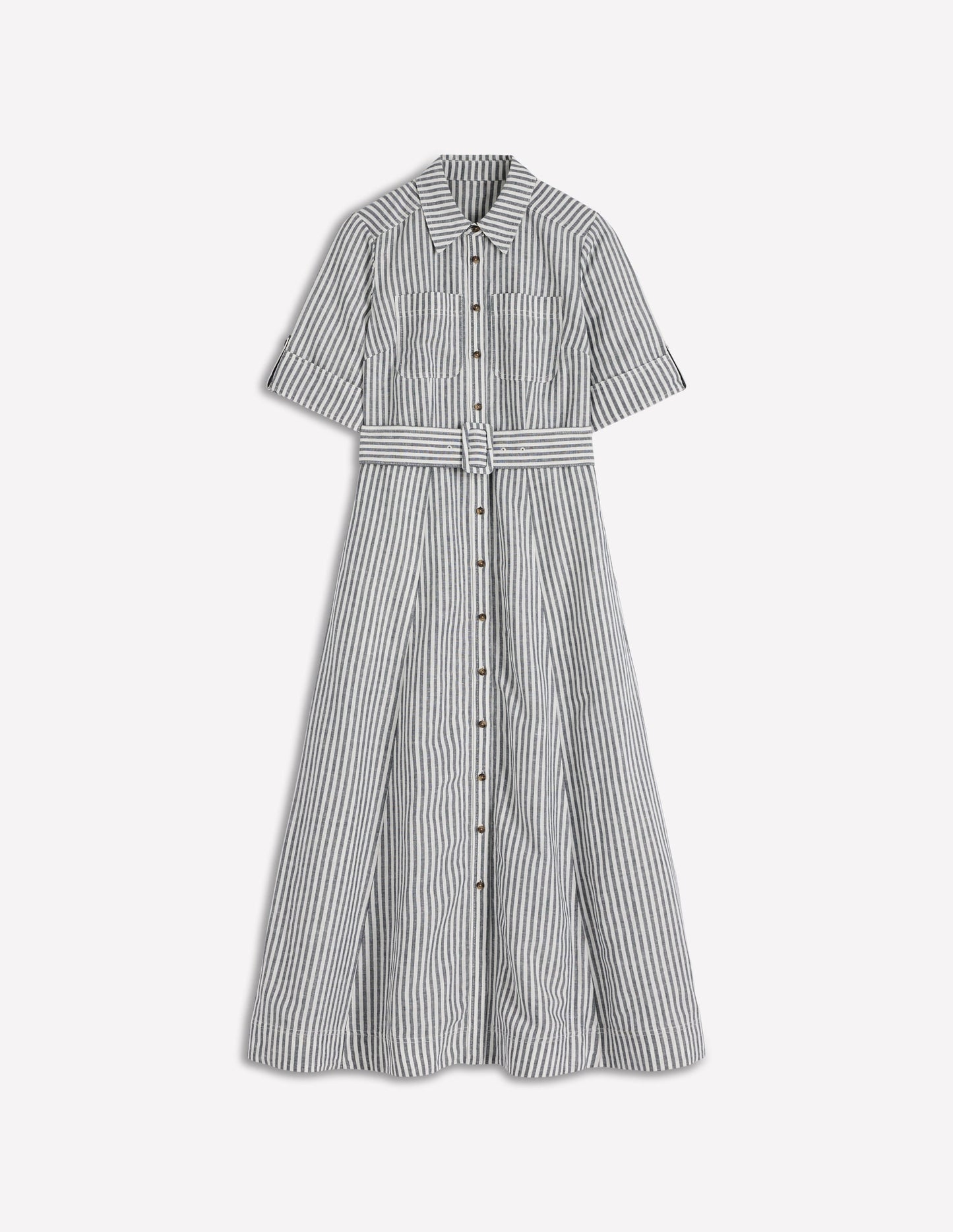 Ora Linen Blend Shirt Dress-Navy Ivory Stripe