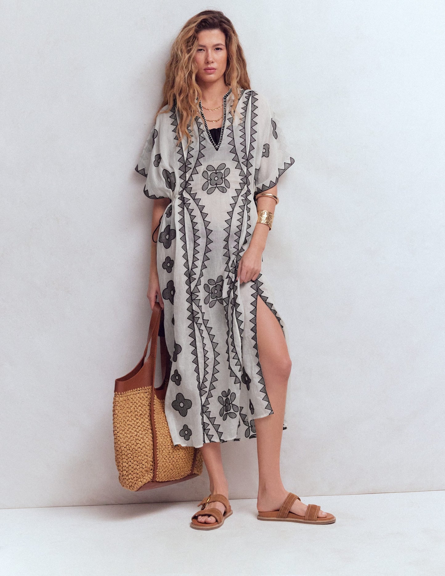 Side Tie Kaftan Dress-White Black Embroidered