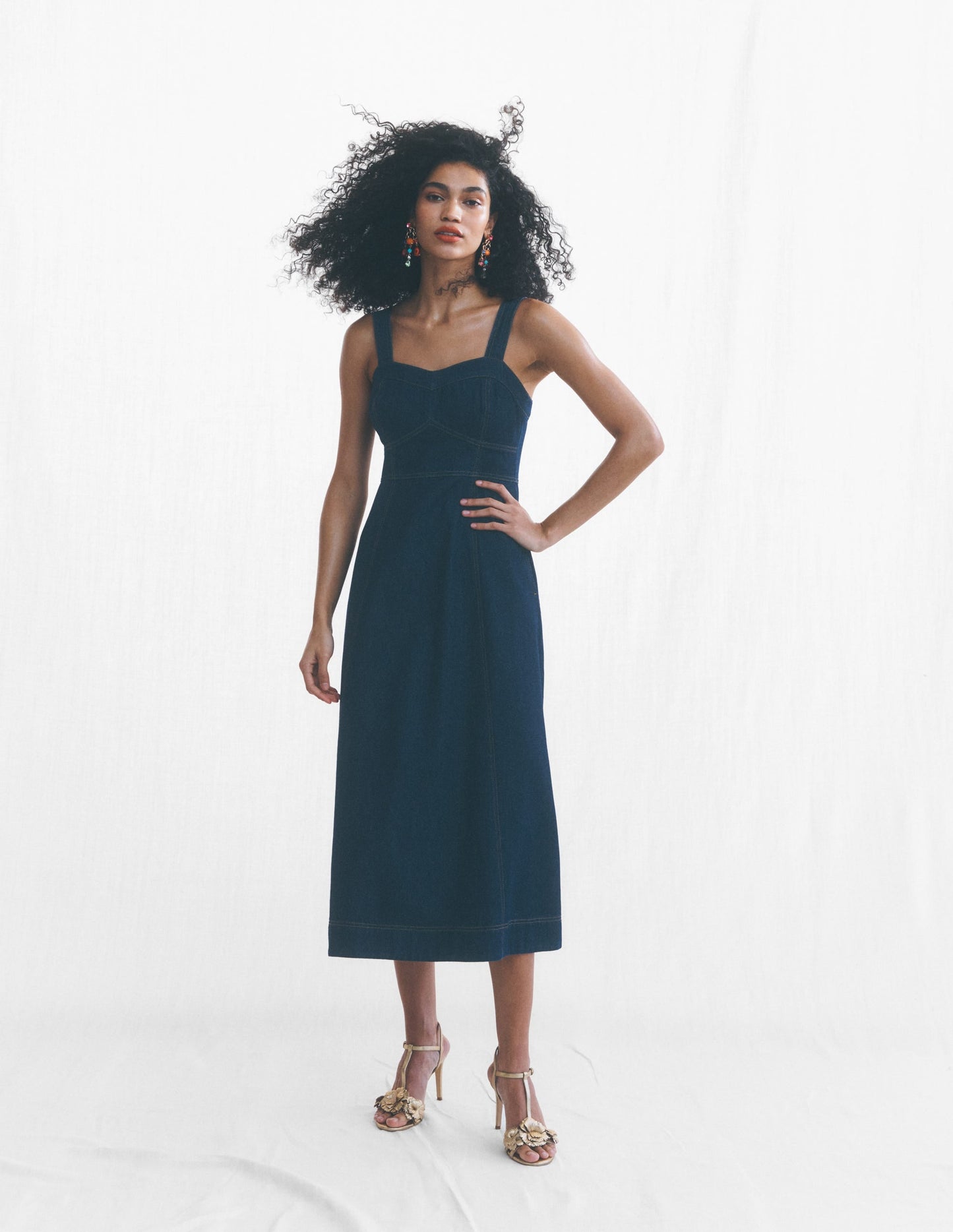Panelled Bodice Denim Dress-Indigo