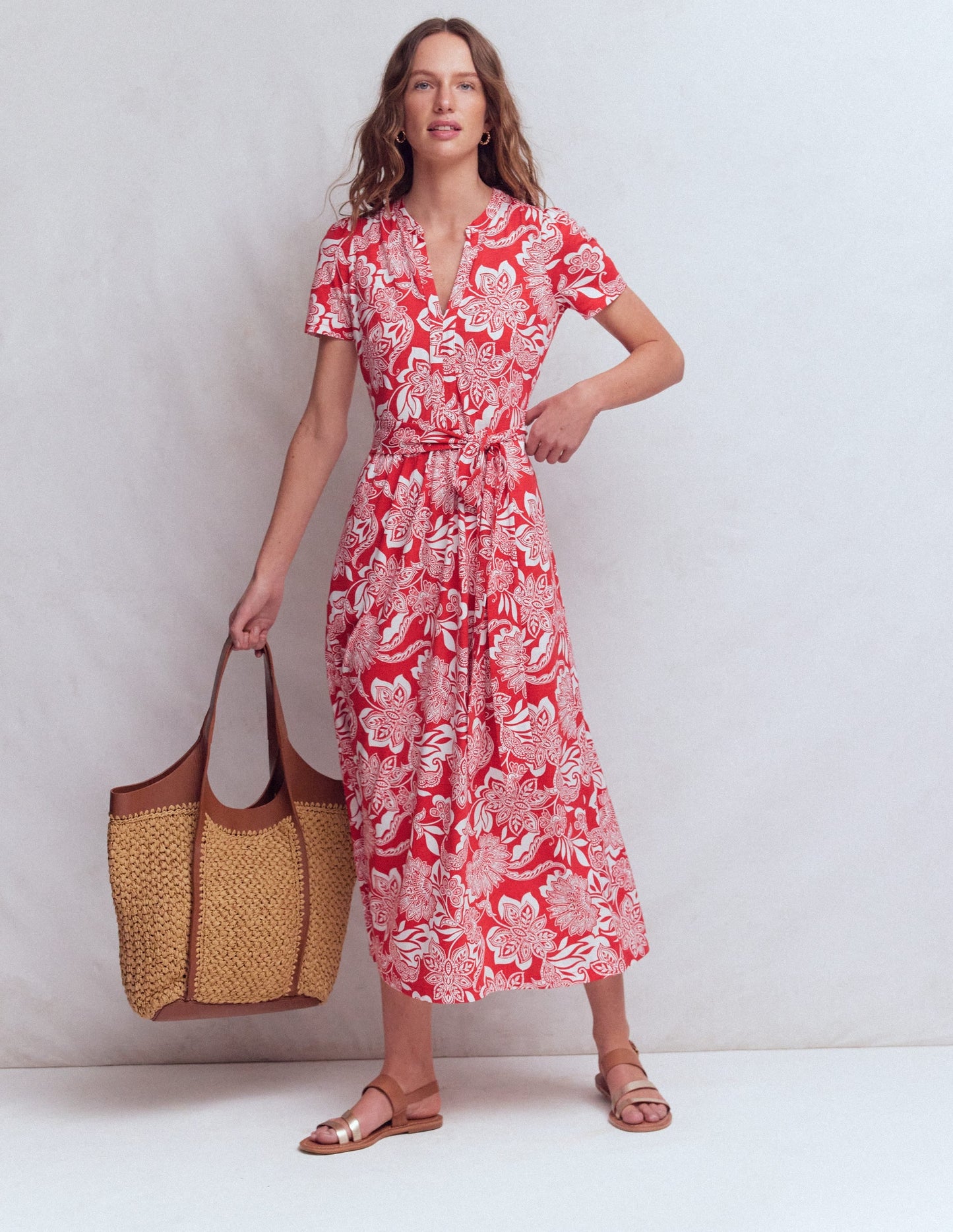 Naomi Jersey Midi Dress-Blood Orange, Elegant Blossom