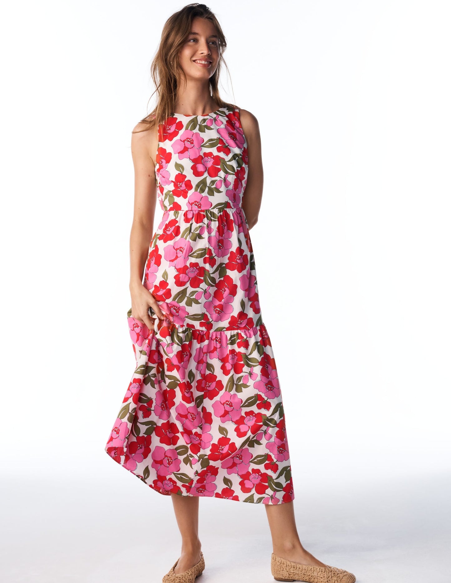 Sleeveless Poplin Dress-Red, Radiant Bloom