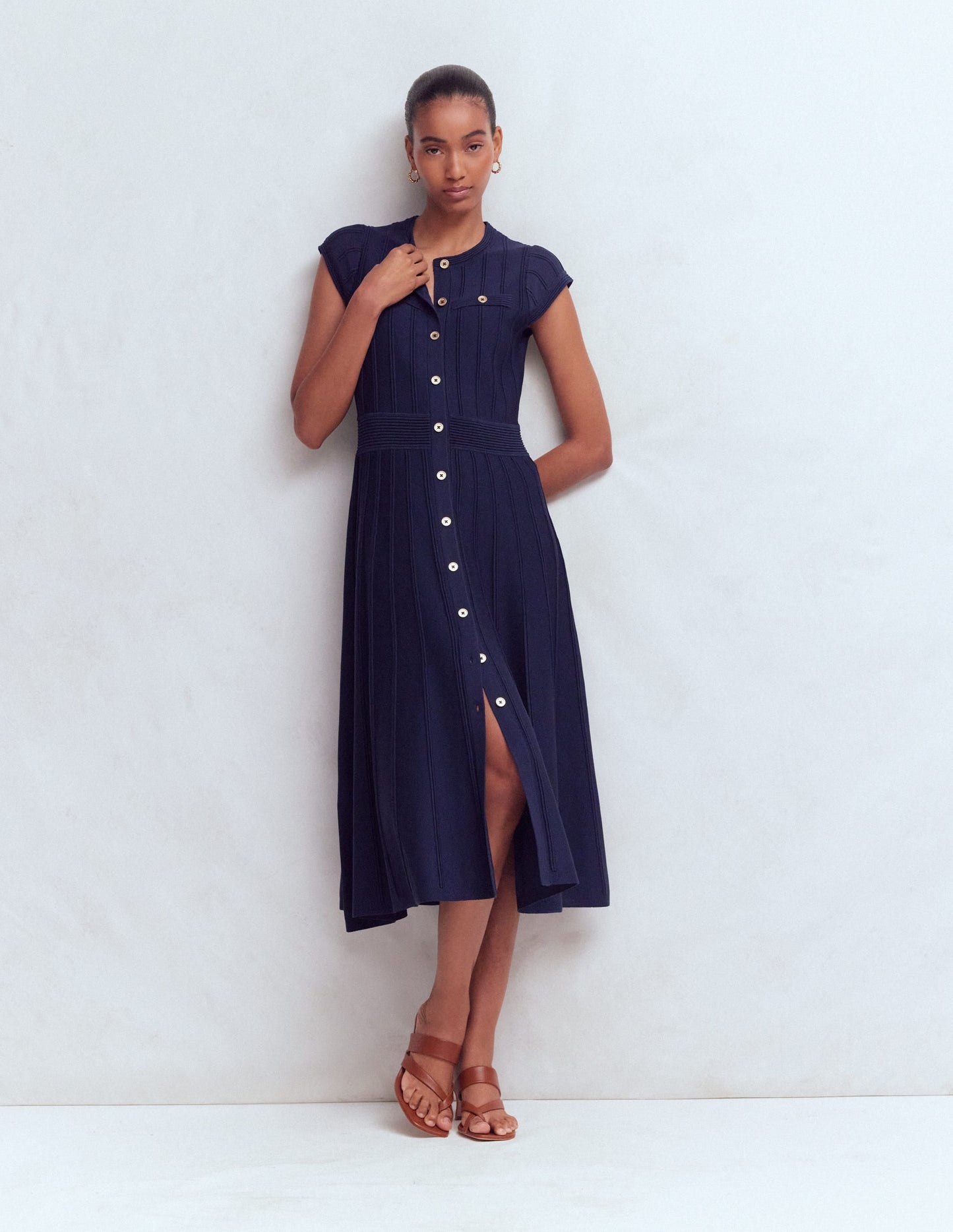 Cap Sleeve Knitted Dress-Navy