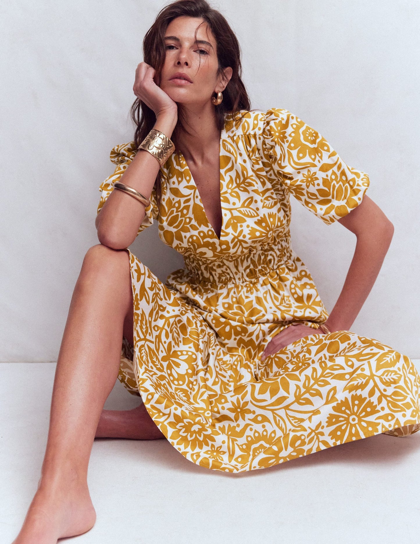 Irene Puff Sleeve Cotton Dress-Gold Wheat, Meadow Scatter