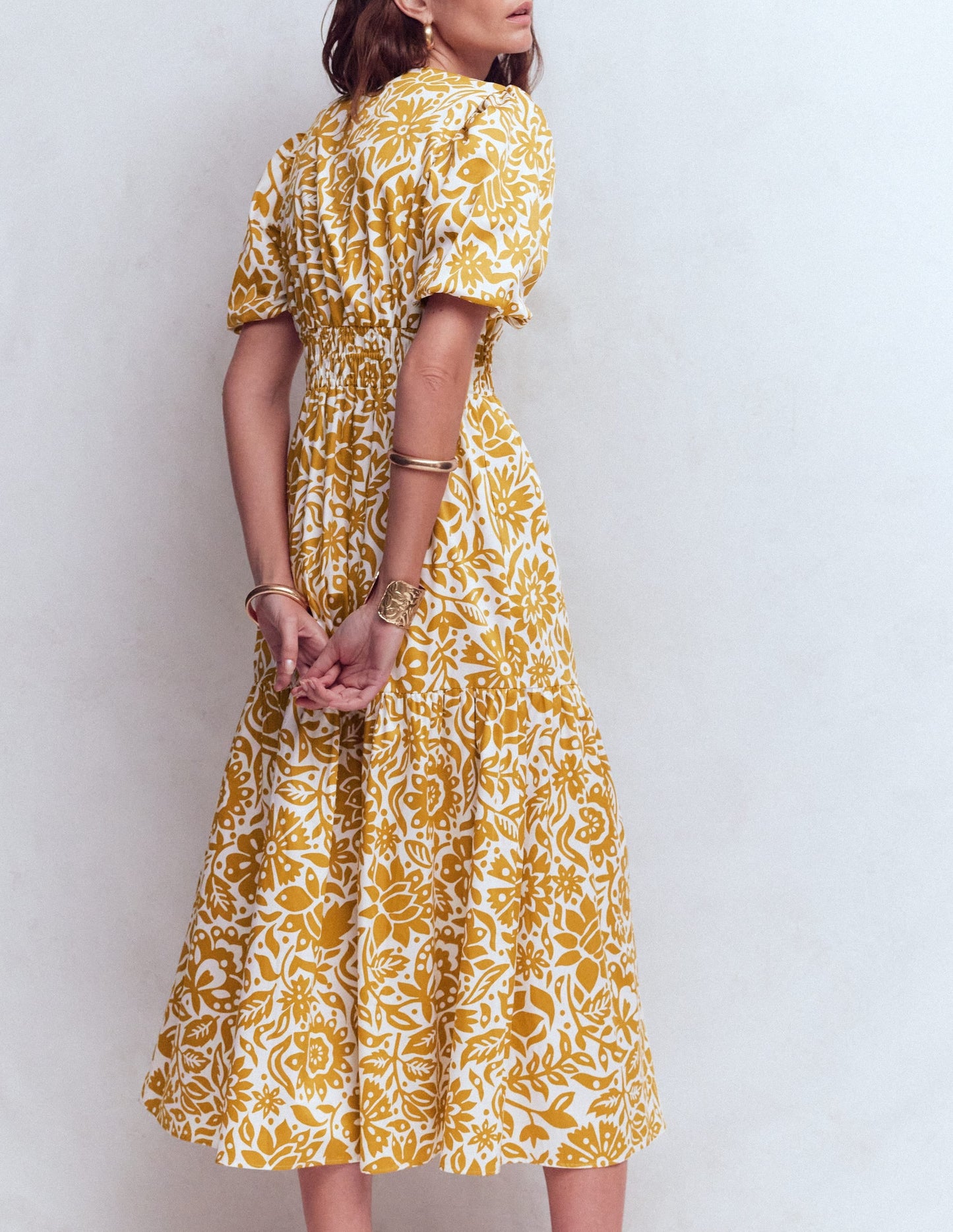 Irene Puff Sleeve Cotton Dress-Gold Wheat, Meadow Scatter