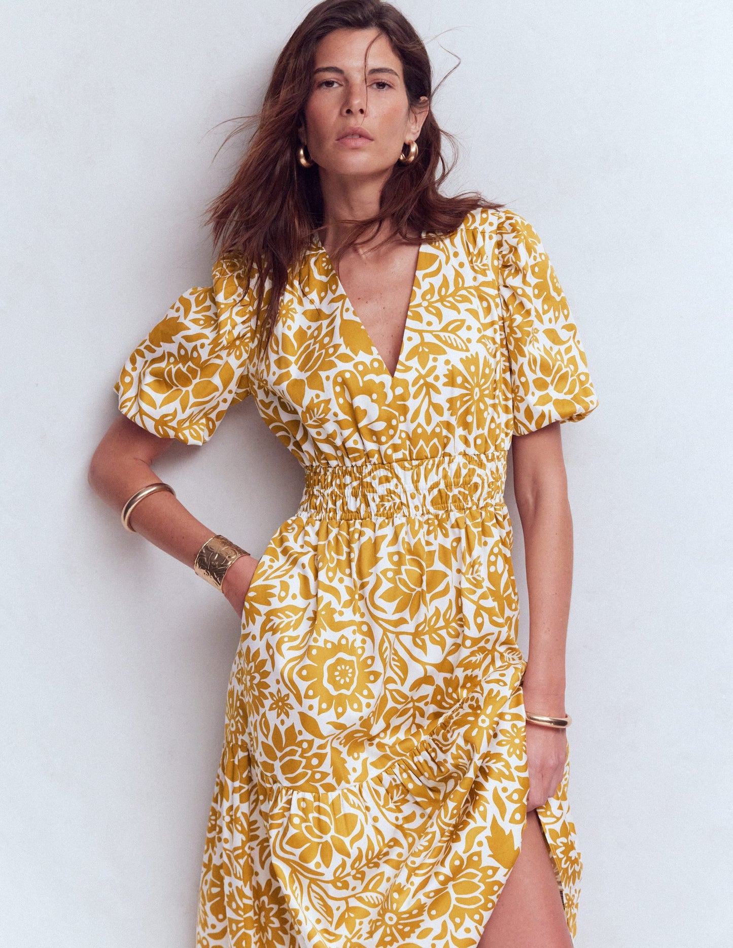Irene Puff Sleeve Cotton Dress-Gold Wheat, Meadow Scatter