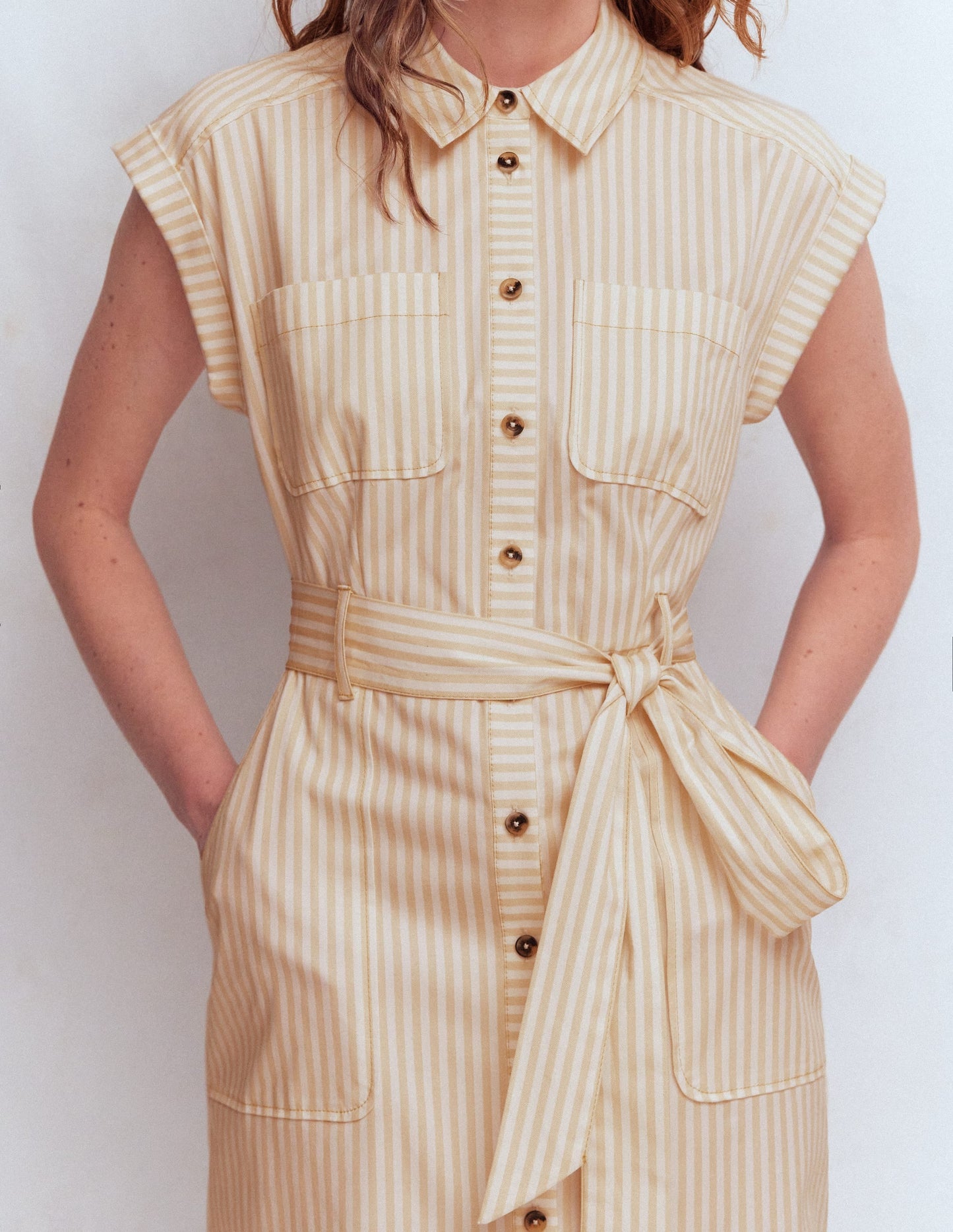 Short Belted Shirt Dress-Brown, Ivory Ticking Stripe
