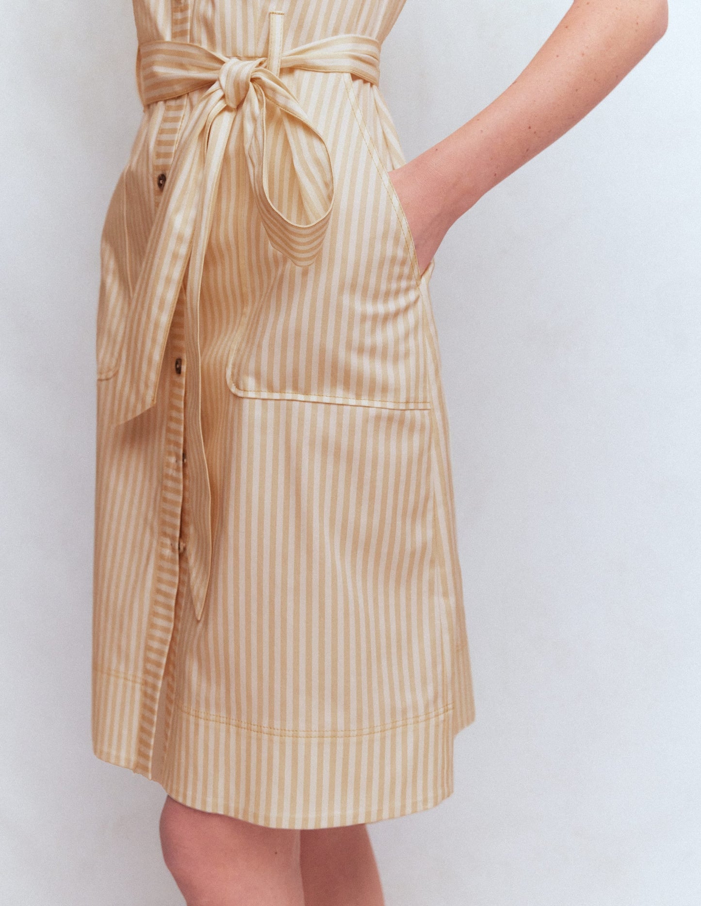 Short Belted Shirt Dress-Brown, Ivory Ticking Stripe