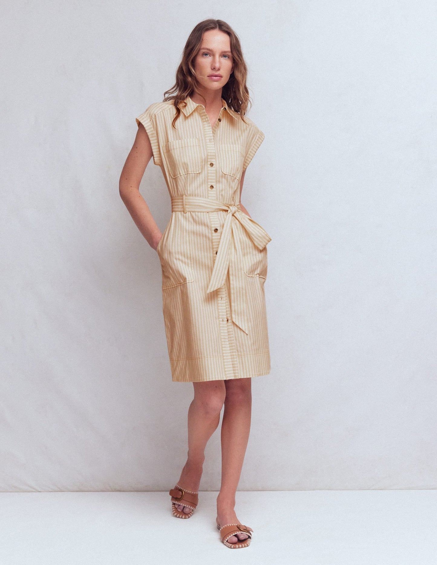 Short Belted Shirt Dress-Brown, Ivory Ticking Stripe