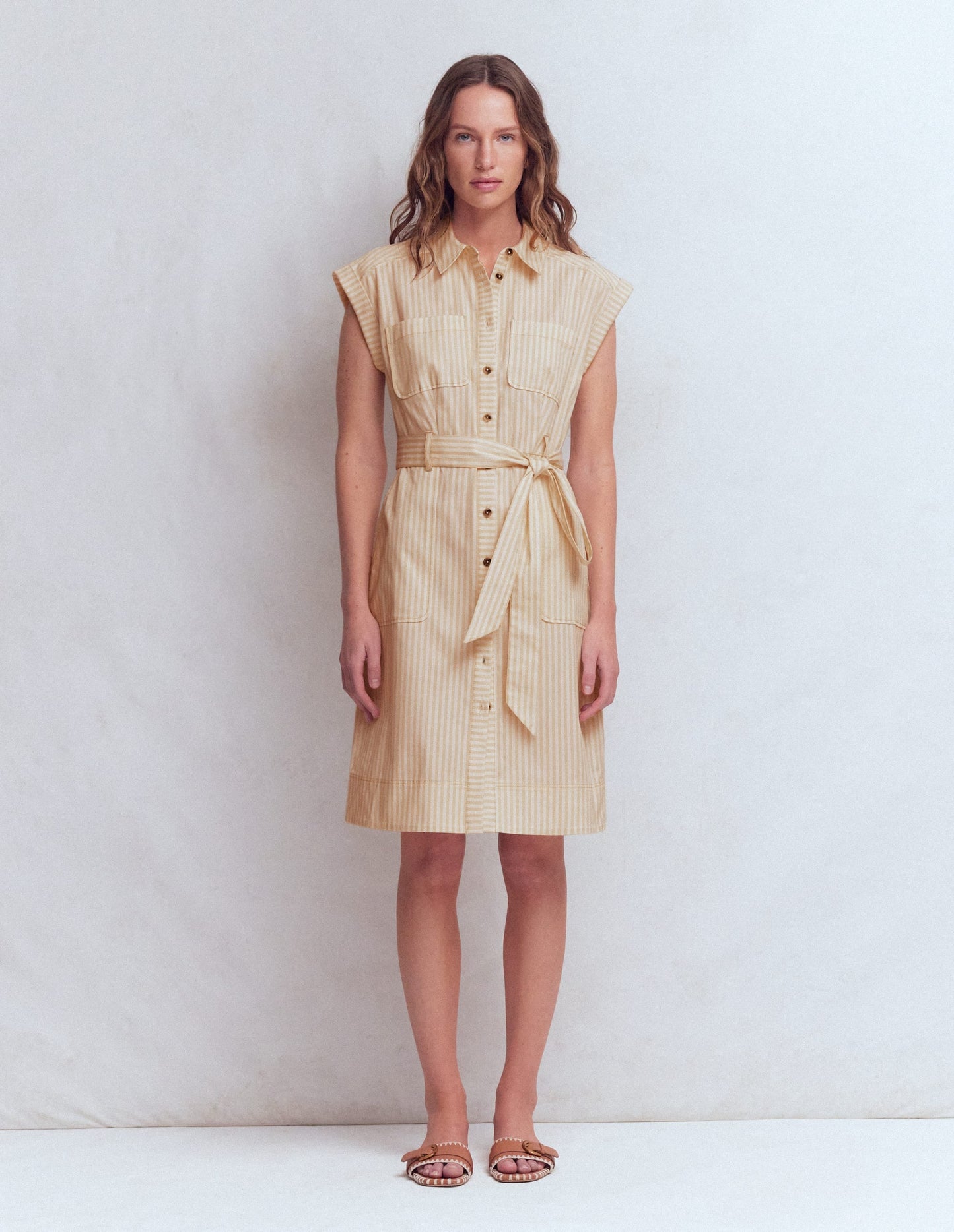 Short Belted Shirt Dress-Brown, Ivory Ticking Stripe