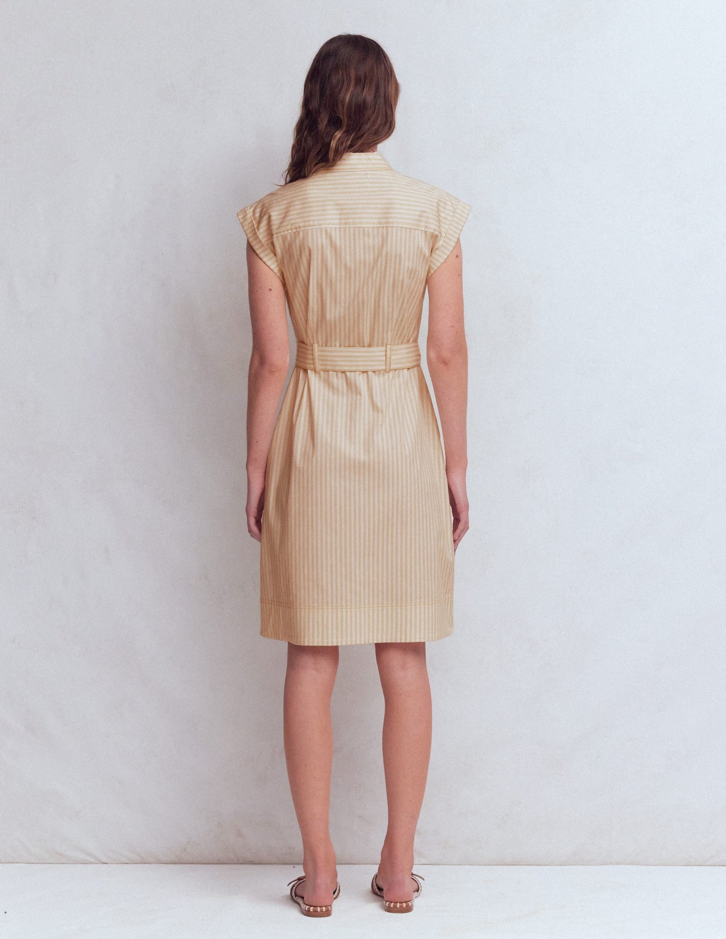 Short Belted Shirt Dress-Brown, Ivory Ticking Stripe
