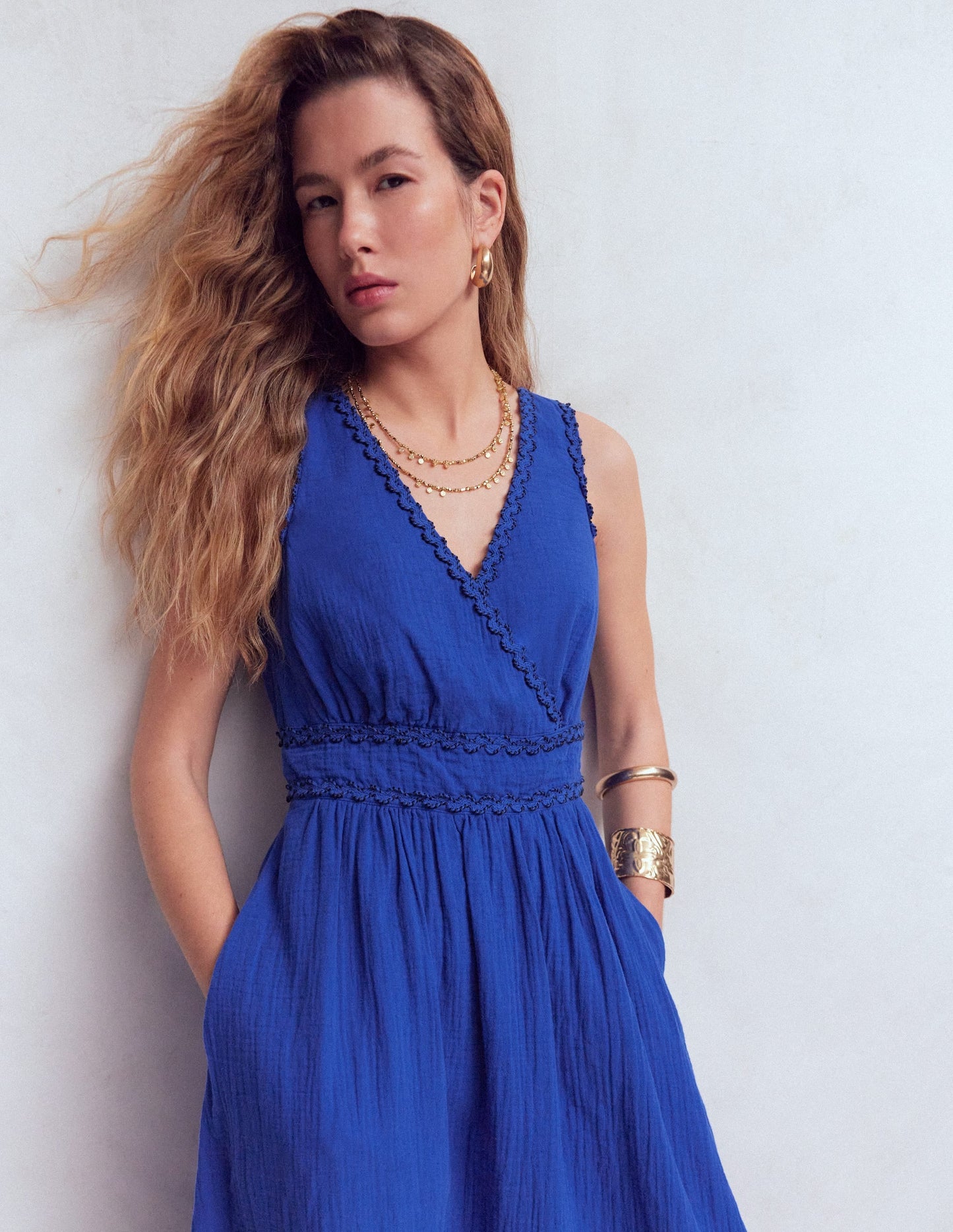 Lorna Trim Double Cloth Dress-Bright Blue