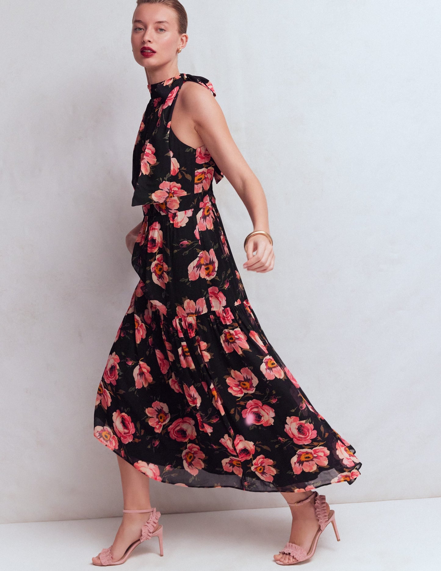 Roisin Tie Neck Maxi Dress-Black Whimsical Roses