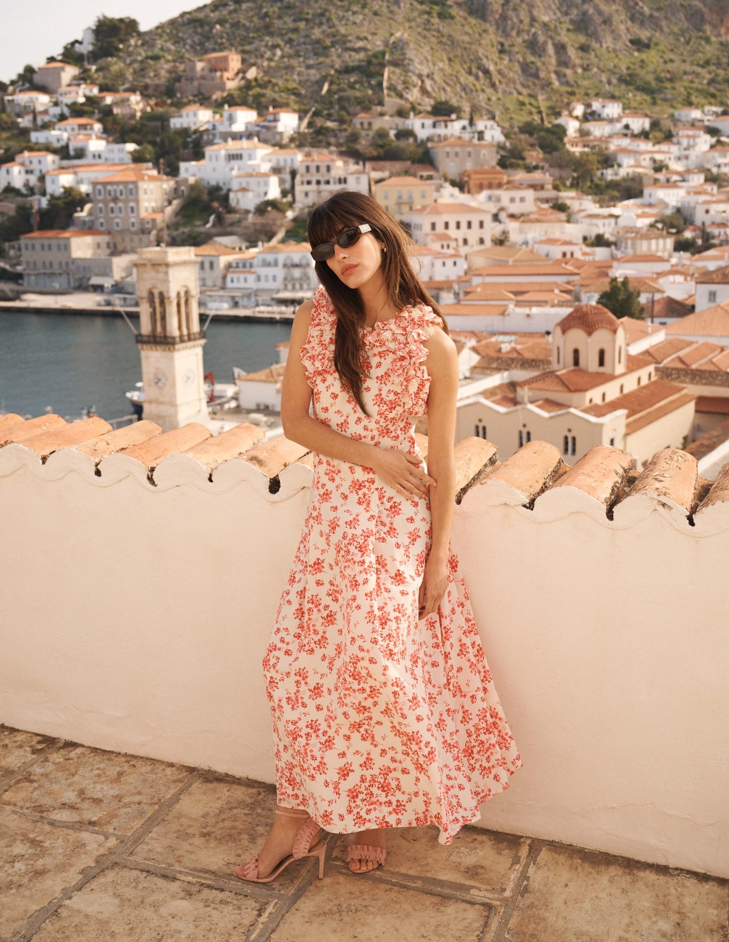 Ruffle Silk Midi Dress-Pink Bloom Scatter Mono