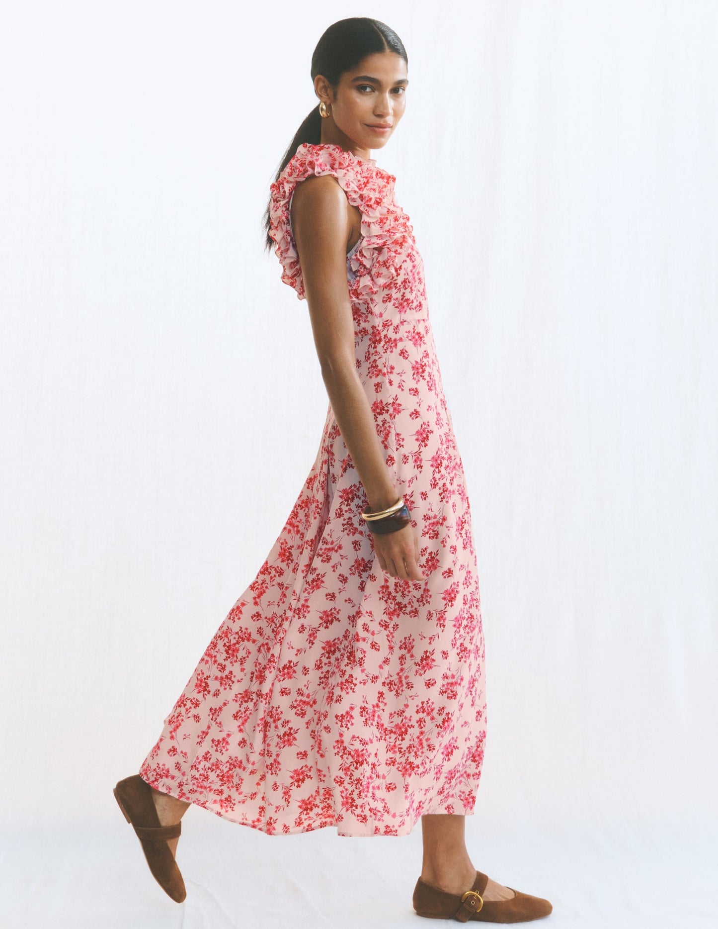 Ruffle Silk Midi Dress-Pink Bloom Scatter Mono
