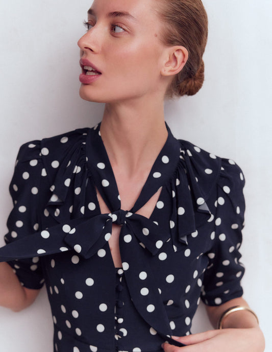 Ruffle Collar Midi Dress-French Navy Painted Spaced Dot