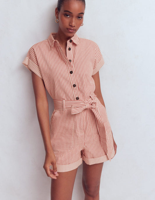 Kay Denim Playsuit-Red Tram Stripe