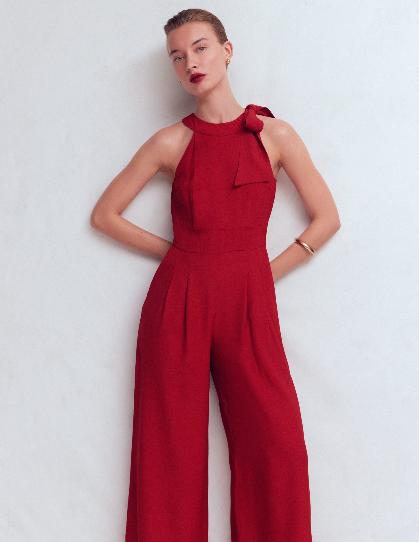 Tie Halter Neck Jumpsuit-Rich Chestnut