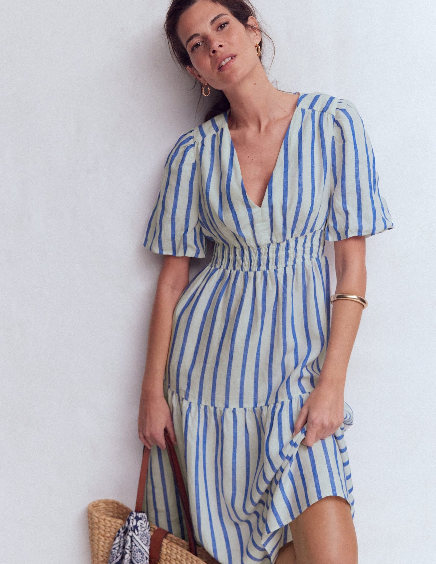 Irene Linen Midi Dress-Blue Stripe